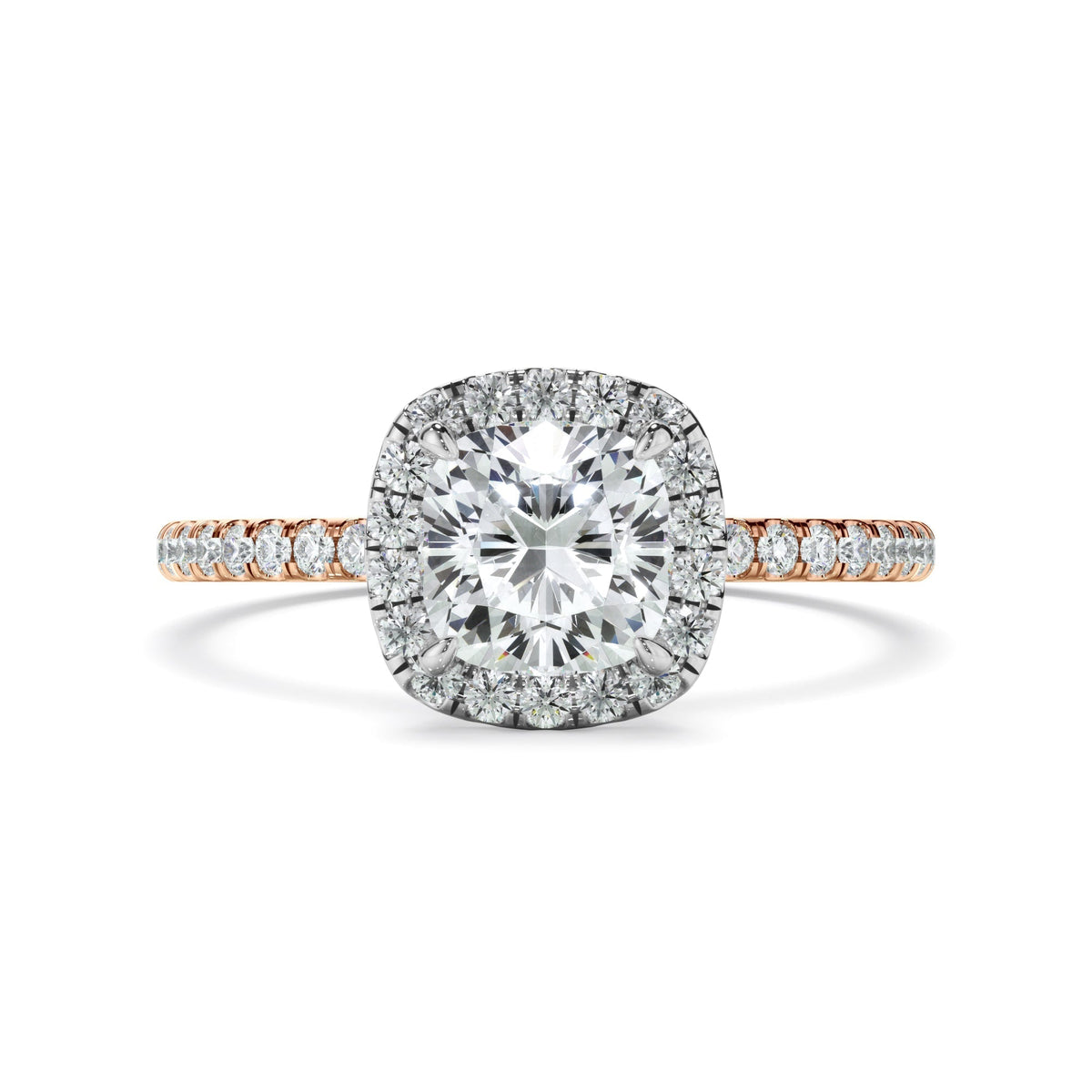 Cushion Cut Diamond Halo Engagement Ring With Pave Band