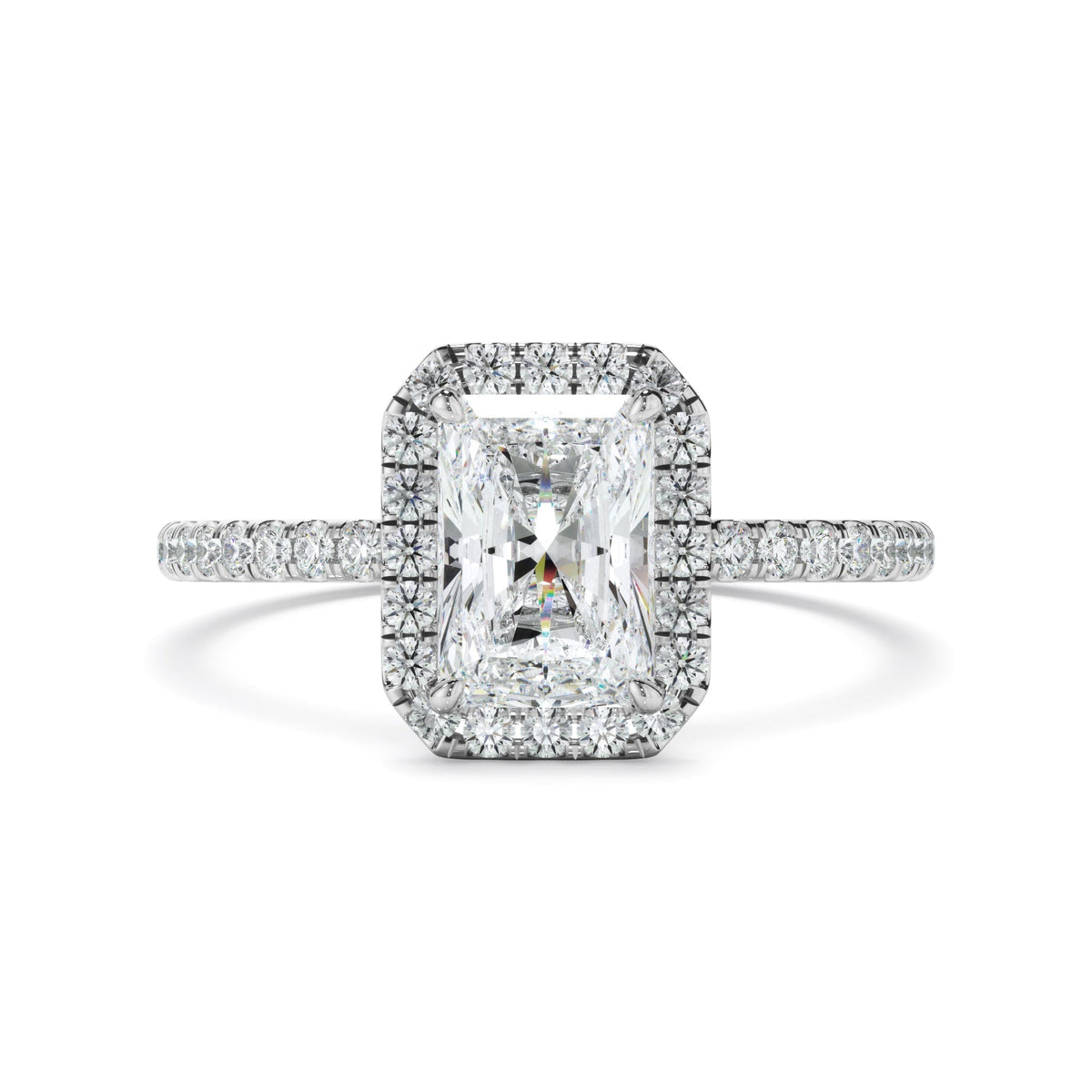 Radiant Cut Diamond Halo Engagement Ring With Pave Band