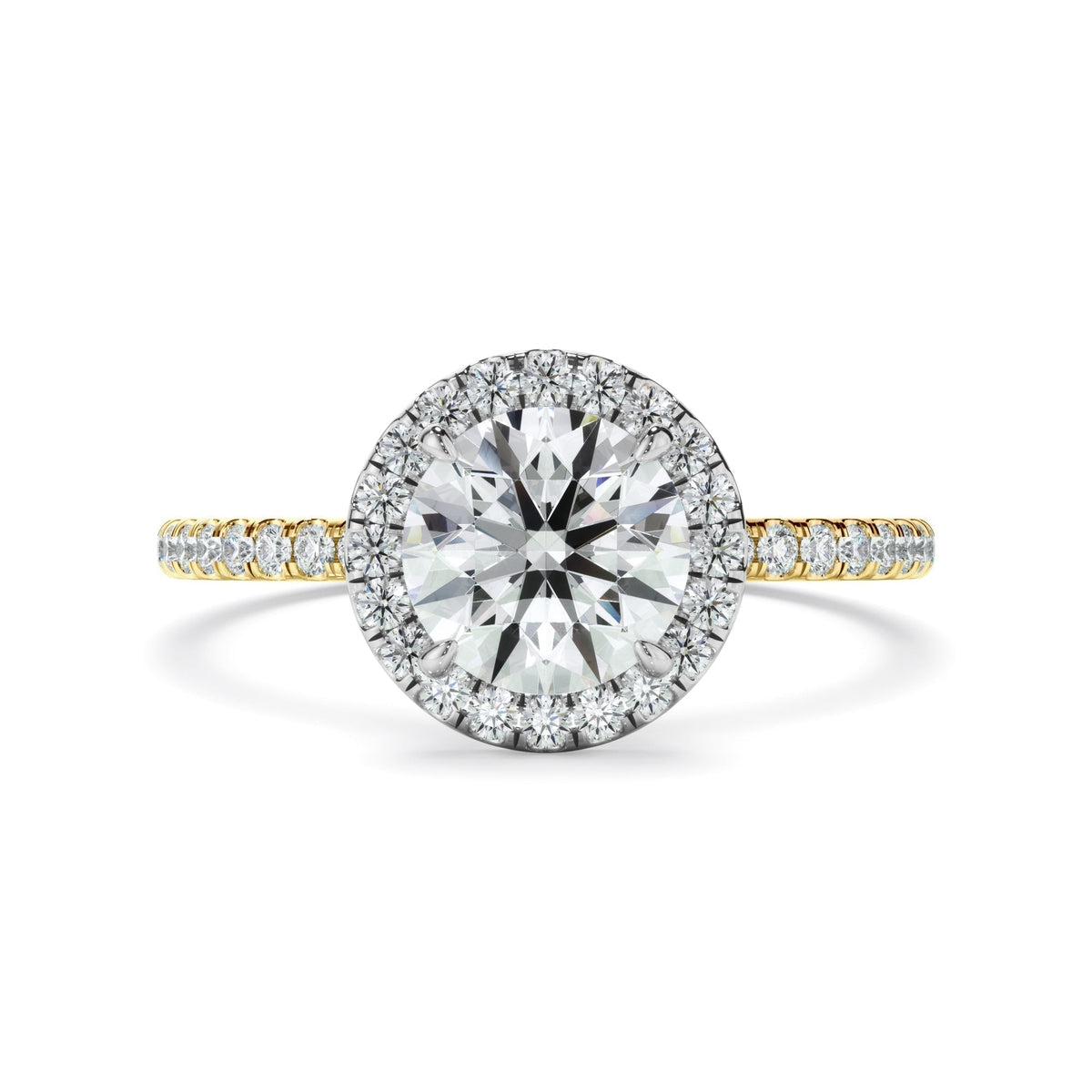 Round Brilliant Cut Diamond Halo Engagement Ring With Pave Band