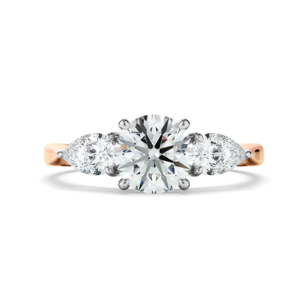 Round Brilliant Cut Diamond Engagement Ring With Pear Cut Diamond Sides