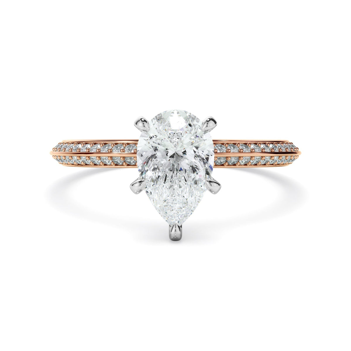 Pear Cut Diamond Knife Edge Engagement Ring With Diamond Pave Sides
