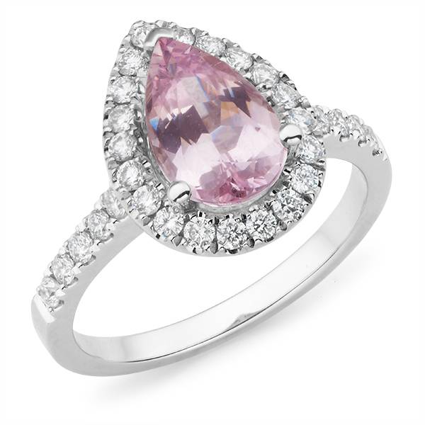 Pear cut pink spinel & diamond halo ring
