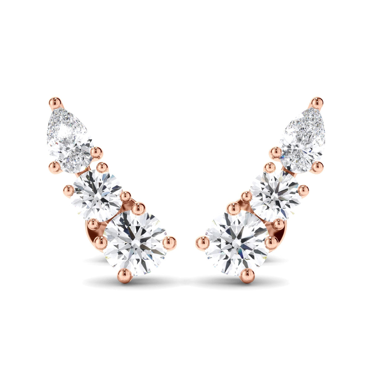 Round Brilliant & Pear Cut 3-Stone Stud Earrings