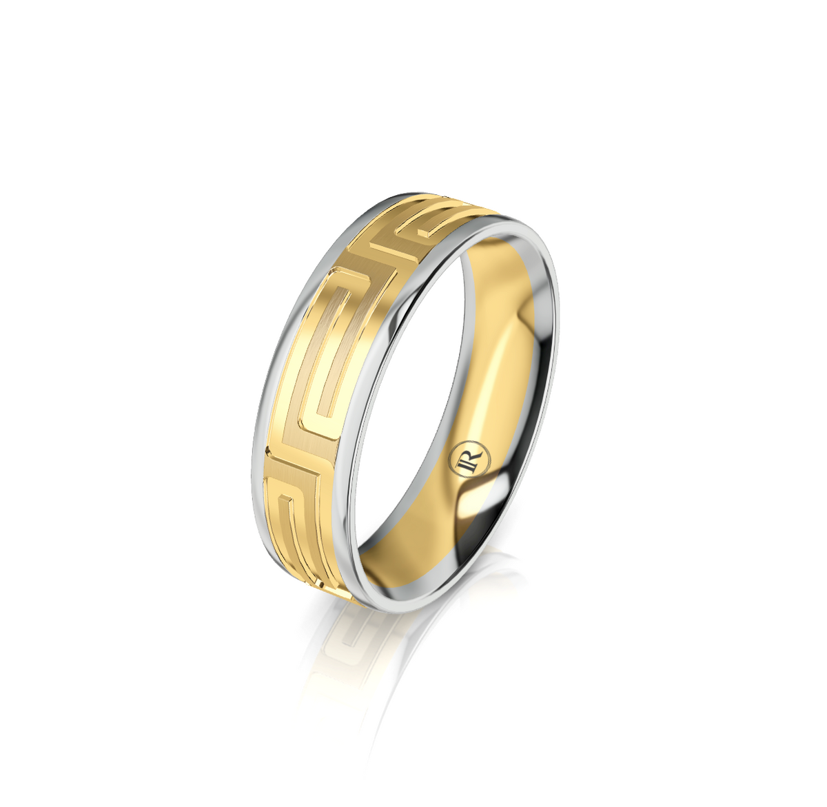 9ct White and Yellow Gold Elongated Greek Key Pattern Wedding Ring