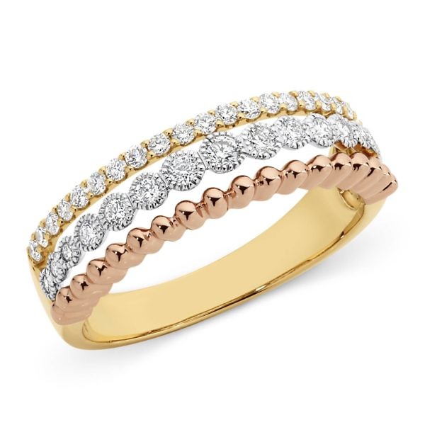 Tri tone gold & diamond three band ring