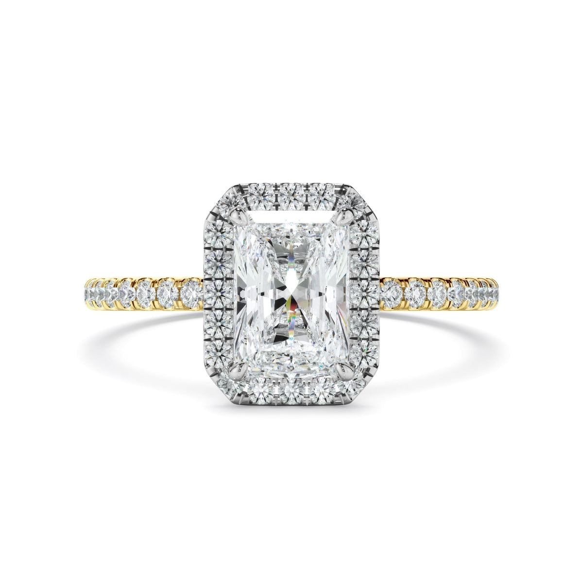 Radiant Cut Diamond Halo Engagement Ring With Pave Band