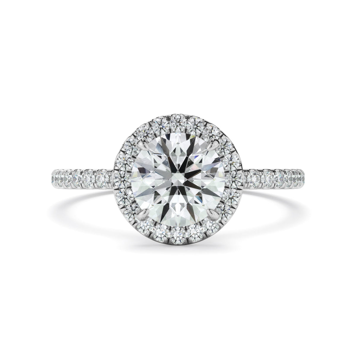Round Brilliant Cut Diamond Halo Engagement Ring With Pave Band
