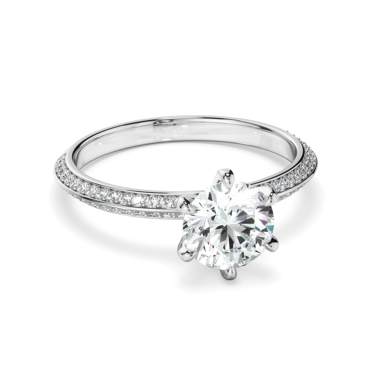 Round Brilliant Cut Diamond Knife Edge Engagement Ring With Diamond Pave Sides