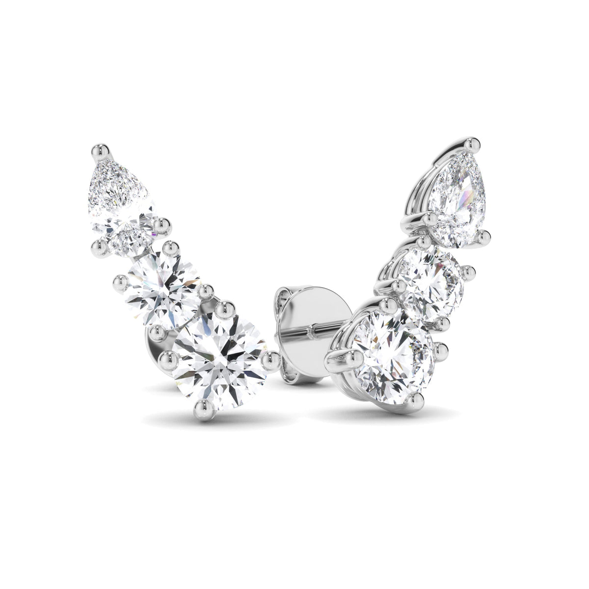 Round Brilliant & Pear Cut 3-Stone Stud Earrings
