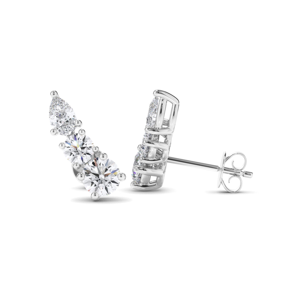 Round Brilliant & Pear Cut 3-Stone Stud Earrings