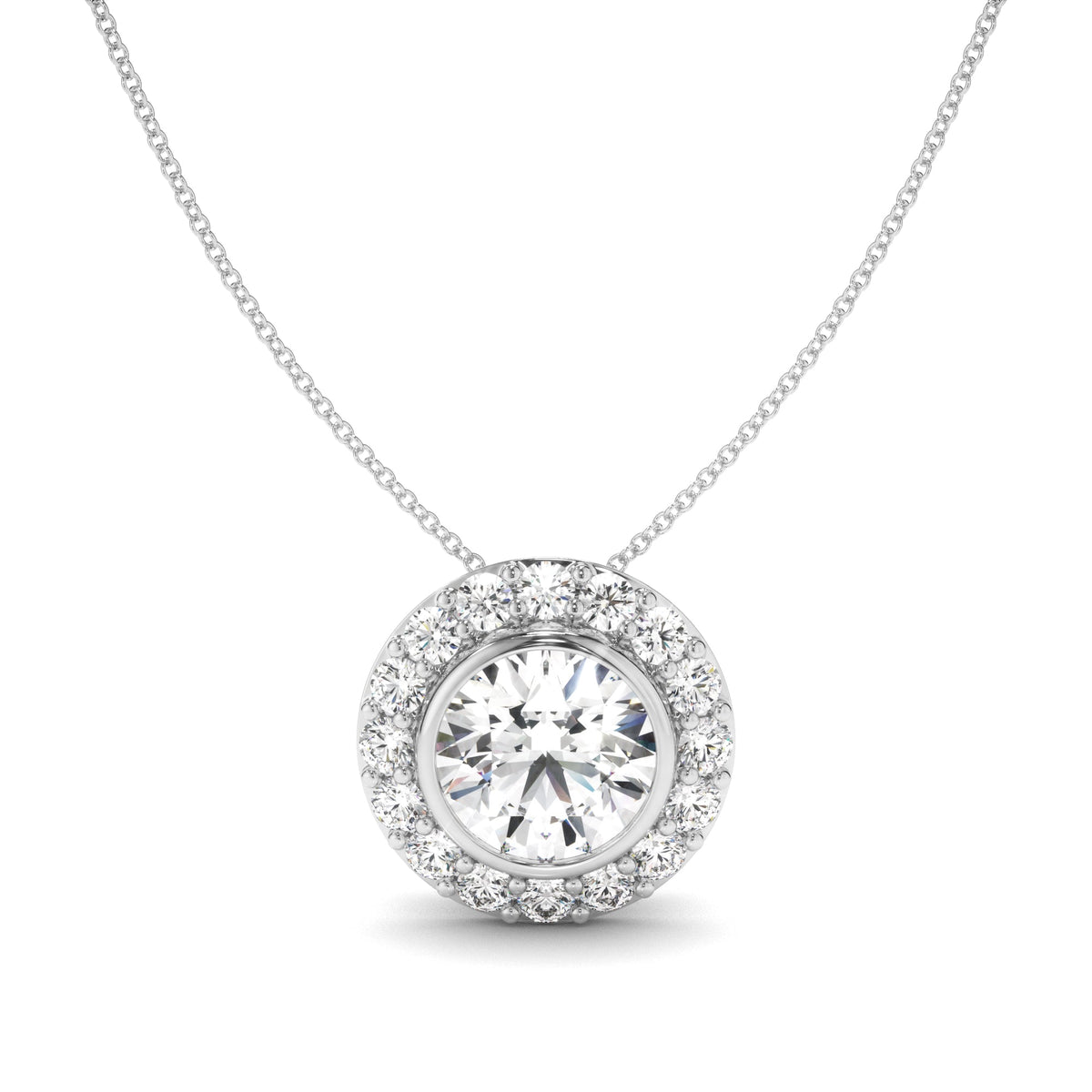 Round Brilliant Cut Diamond Bezel Set Halo Necklet