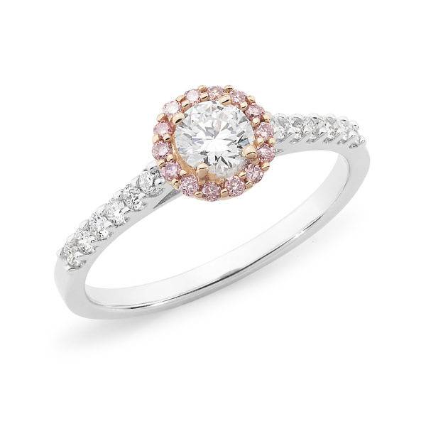 Brilliant cut pink & white diamond halo ring