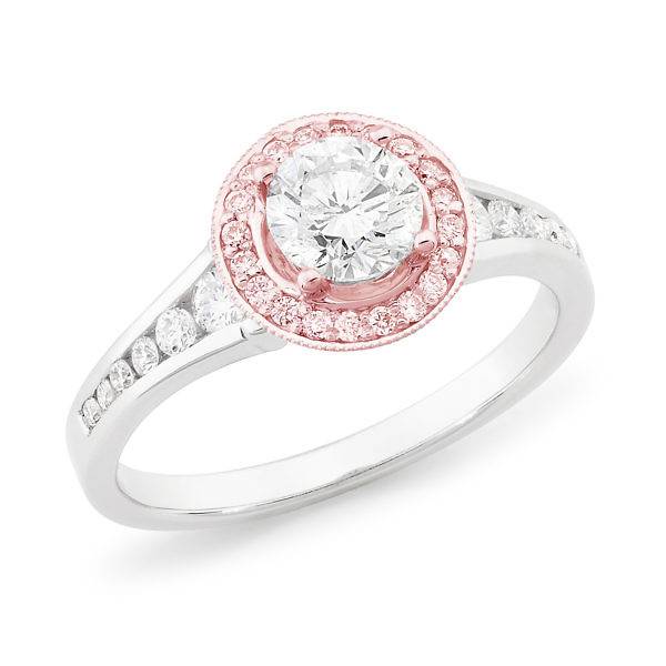 Brilliant cut pink & white diamond halo ring