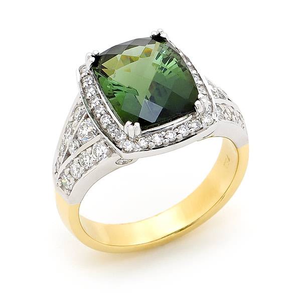 Green tourmaline & diamond halo ring