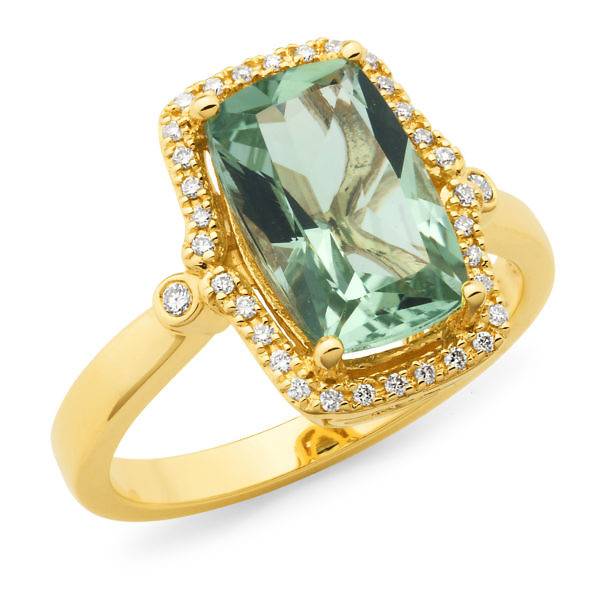 Green amethyst & diamond halo ring