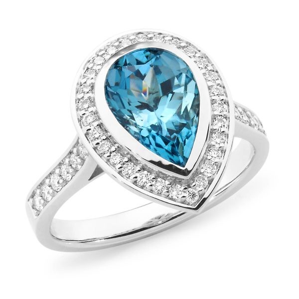 Pear cut london blue topaz & diamond halo ring - Andrew Mazzone