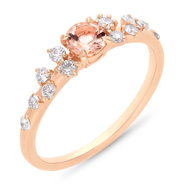 Round morganite with diamonds on shoulder ring